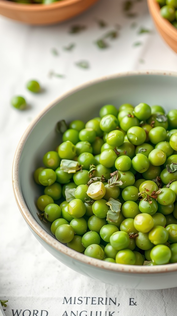 A bowl of fresh green peas garnished with herbs.