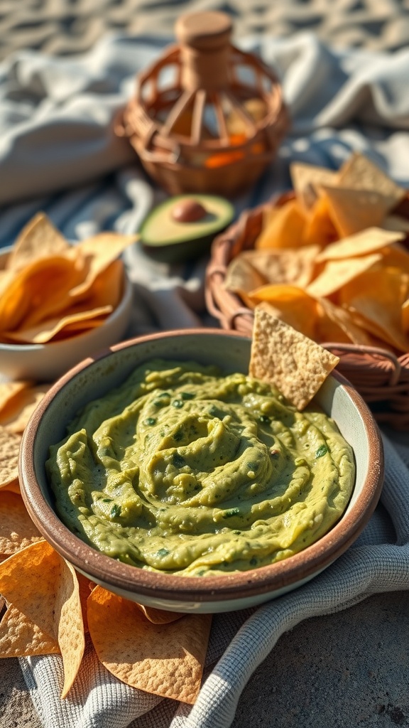 Bowl of homemade guacamole with tortilla chips on a beach-themed setting.