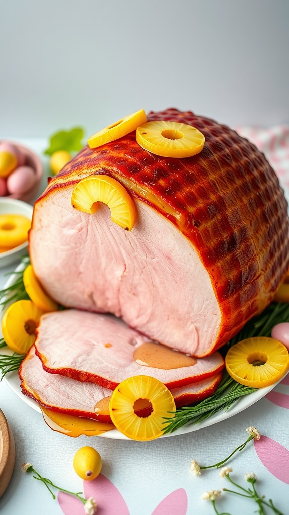 A beautifully glazed honey-baked ham topped with pineapple slices on a platter.