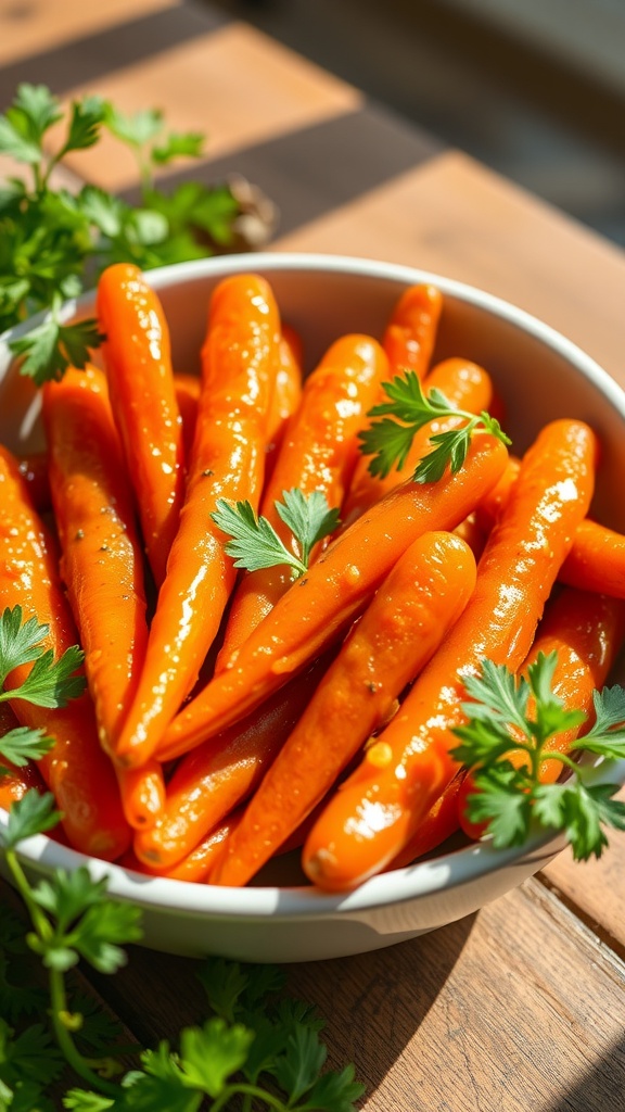 A bowl of honey-glazed carrots garnished with parsley on a wooden table.