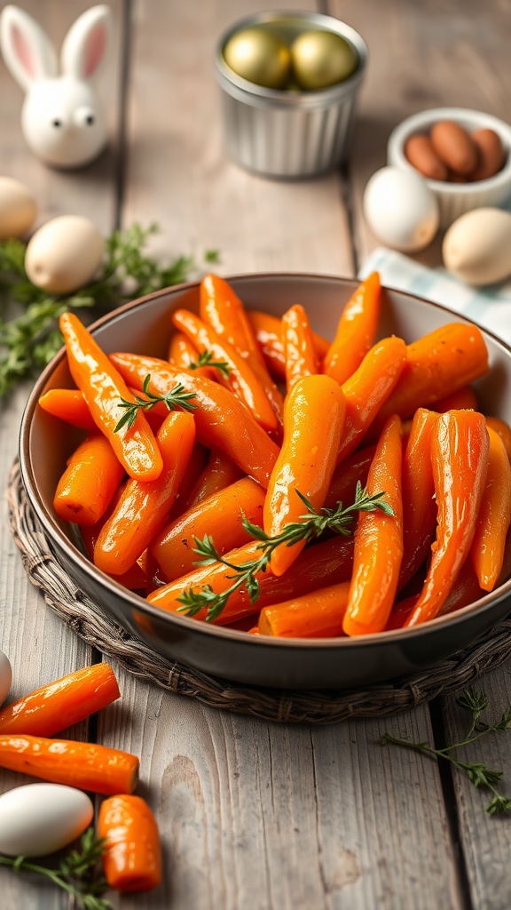 A bowl of honey-glazed carrots garnished with thyme, surrounded by Easter decorations.