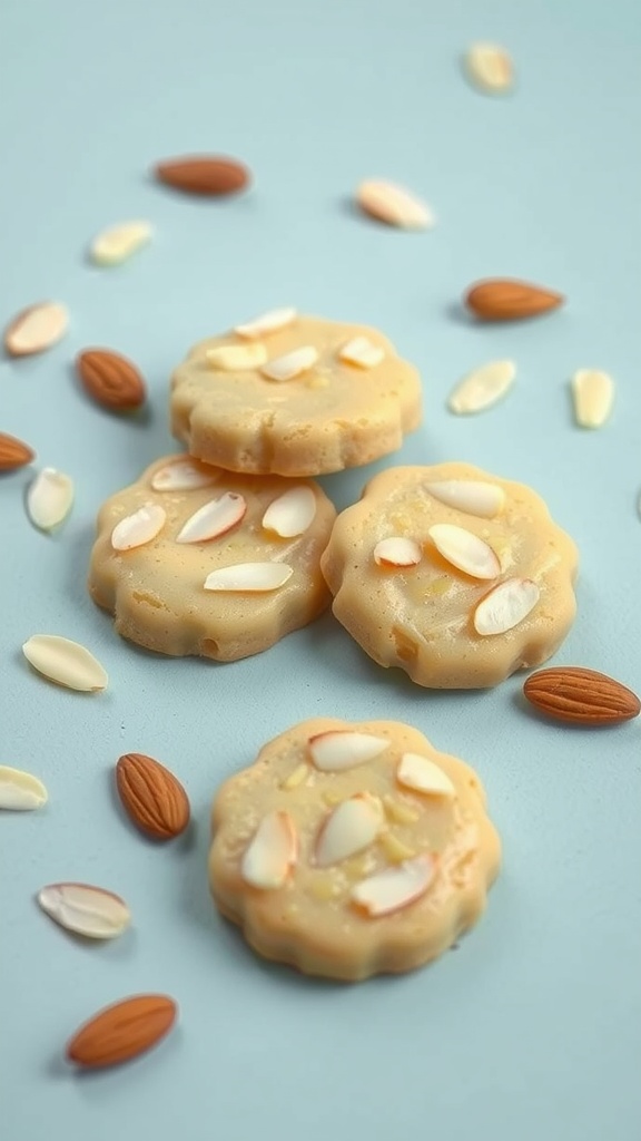 Four honey almond cookies with slivered almonds on a blue background, surrounded by whole almonds.
