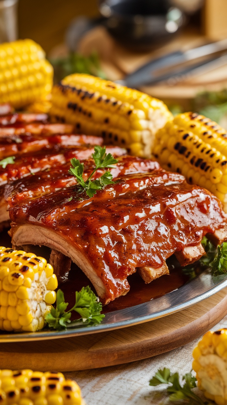 Delicious honey BBQ ribs garnished with herbs, served on a plate