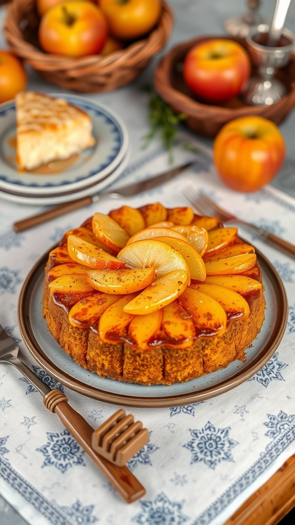 A beautifully arranged honey cake topped with spiced apples, served on a decorative plate.