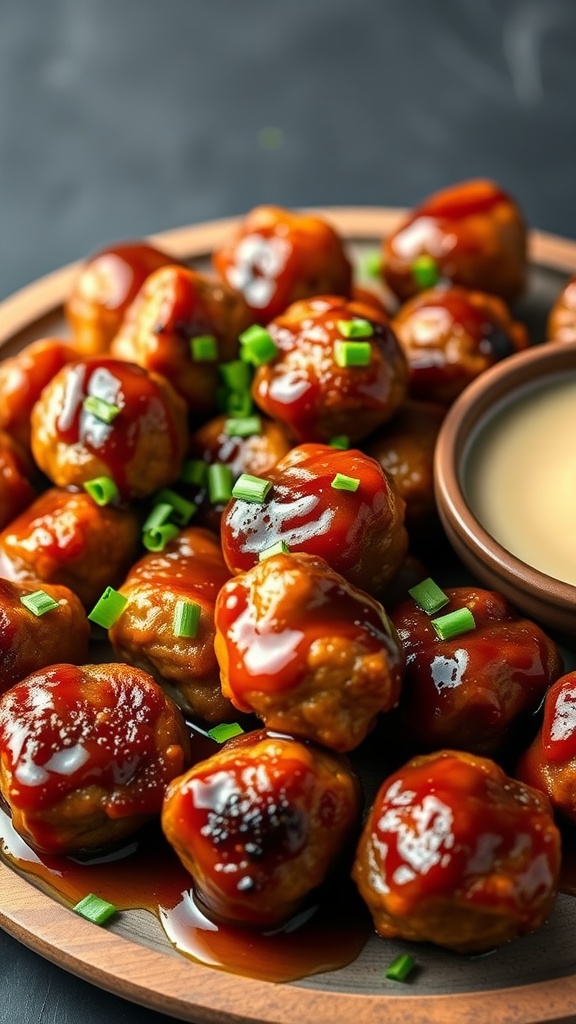 A plate of honey garlic pork meatballs garnished with herbs and accompanied by dipping sauces.
