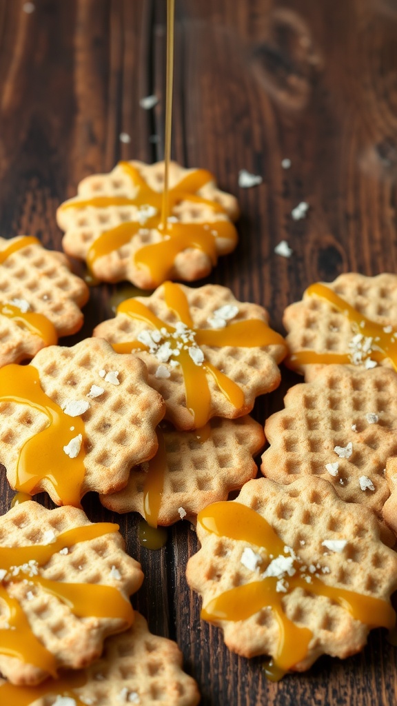 Delicious honey maple matzah cookies drizzled with syrup on a wooden surface.