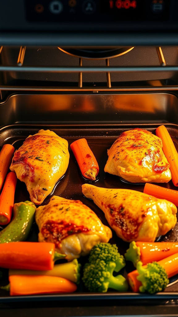 Honey mustard baked chicken with carrots and broccoli in the oven.