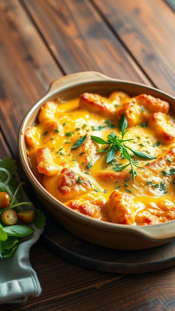 A creamy honey mustard chicken casserole topped with herbs, served alongside a fresh salad.