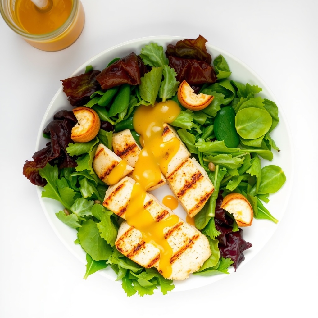 A plate of honey mustard chicken salad featuring grilled chicken slices on a bed of mixed greens topped with honey mustard dressing.