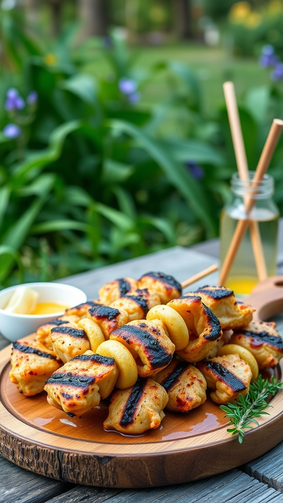 Grilled honey mustard chicken skewers on a wooden platter