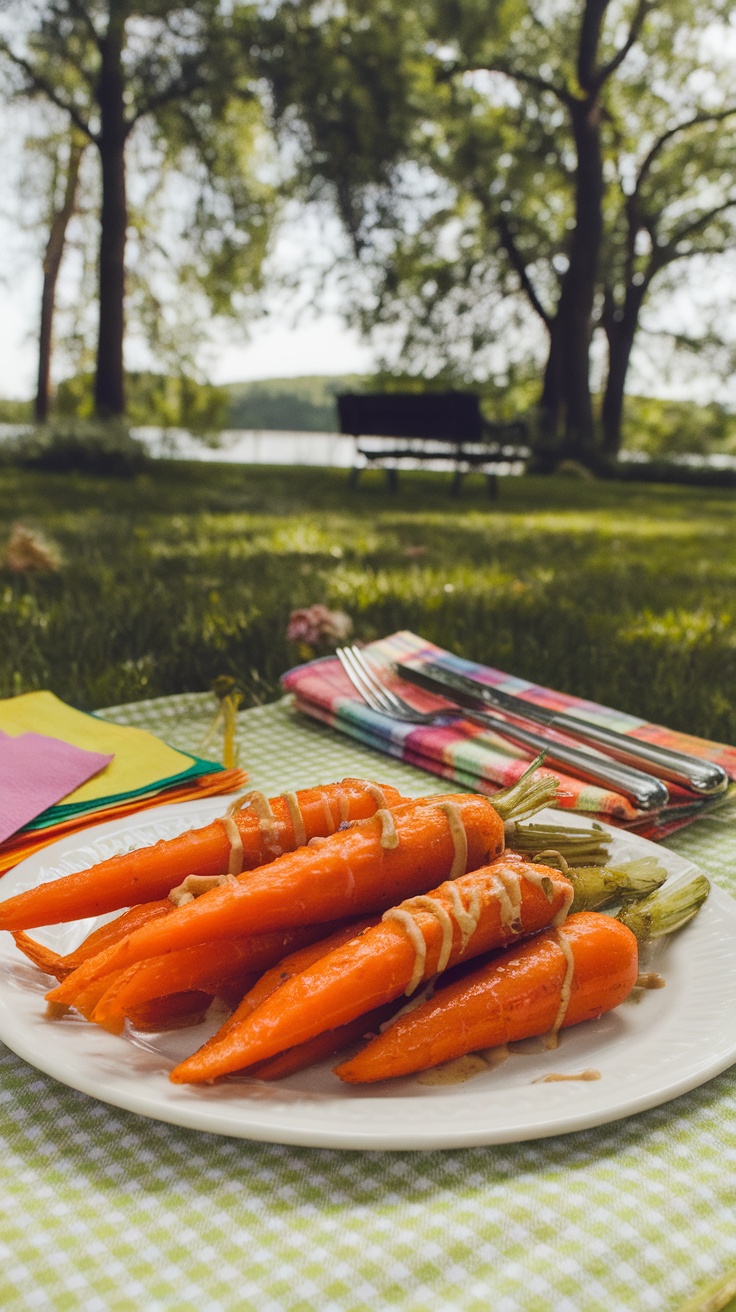 A plate of fresh, vibrant carrots on a picnic blanket with a fork and napkin.