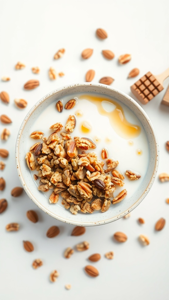 A bowl of honey nut granola with milk, surrounded by almonds and a honey dipper.