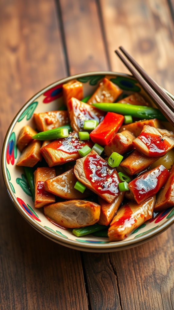 Honey soy duck stir-fry with colorful vegetables in a bowl