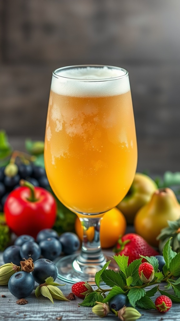 A glass of New England IPA surrounded by fresh fruits and vegetables.