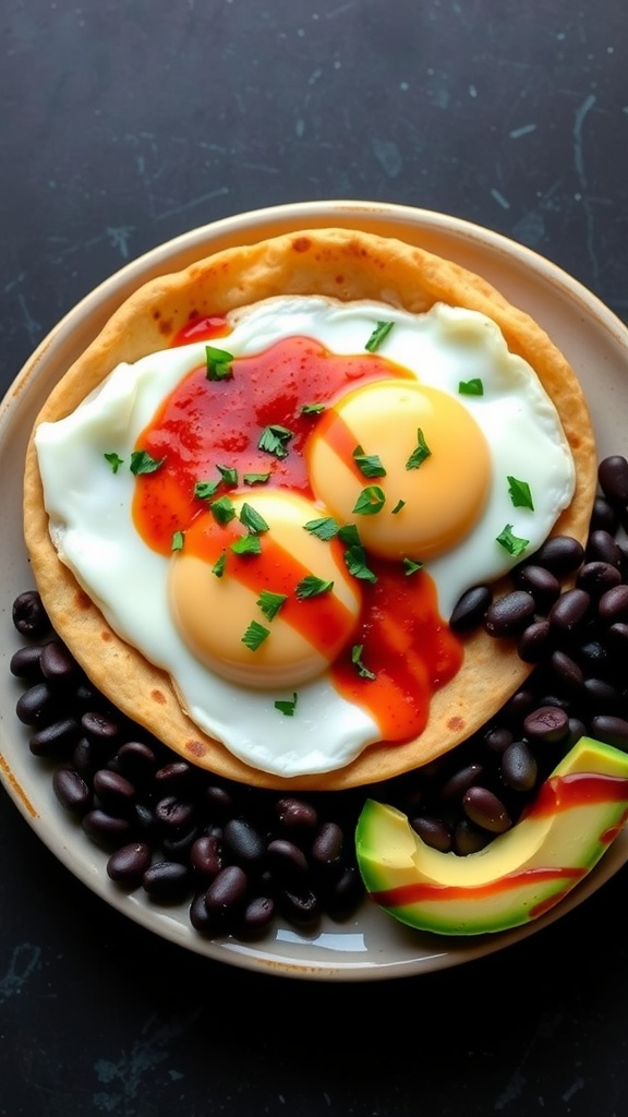 Huevos rancheros with two sunny-side-up eggs, salsa, and black beans on a plate.