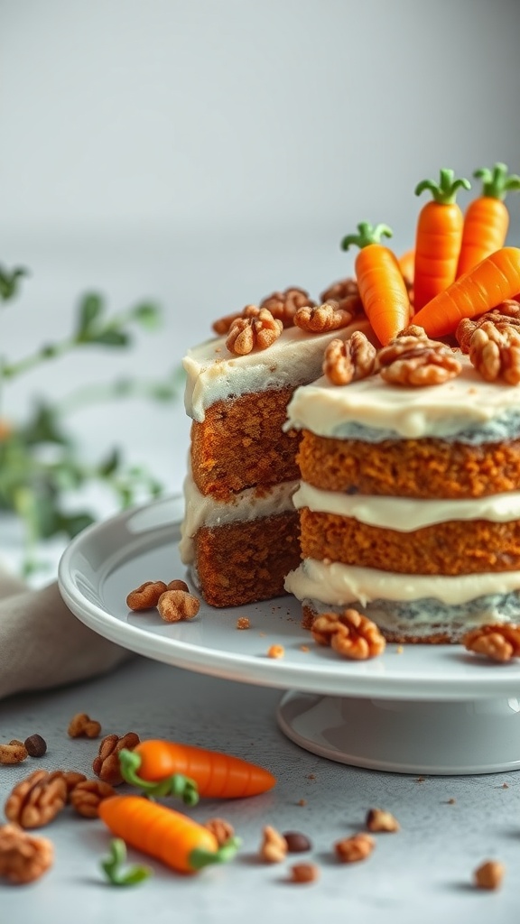 A beautifully layered carrot cake with cream frosting, topped with small carrot decorations and walnuts on a white plate.