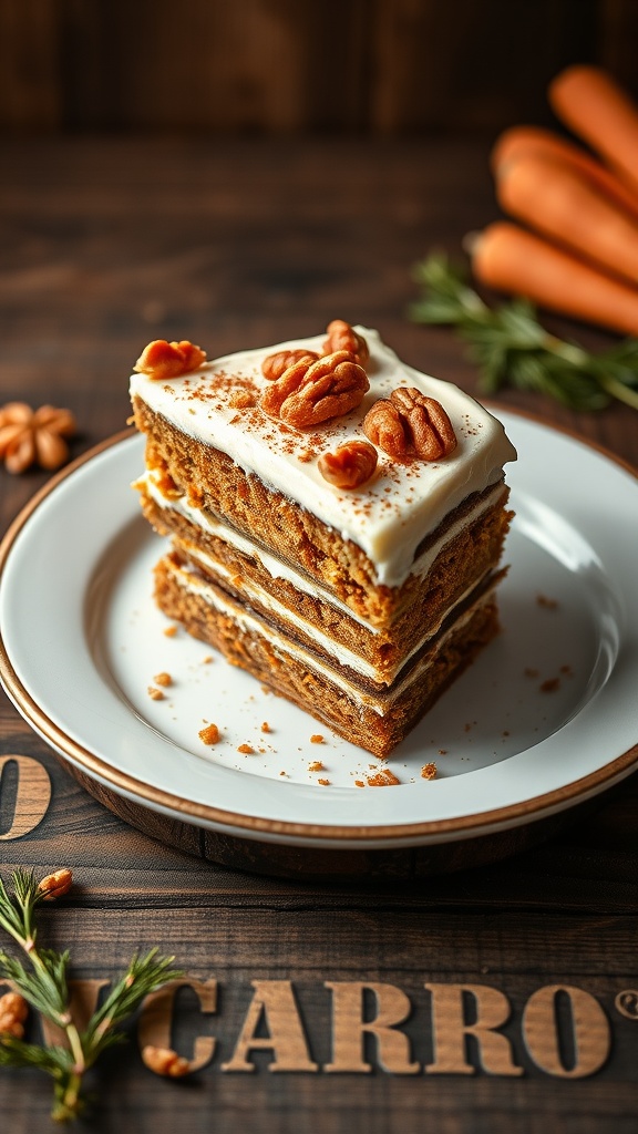 A slice of carrot cake with creamy frosting, topped with pecans, served on a plate. Carrots are visible in the background.