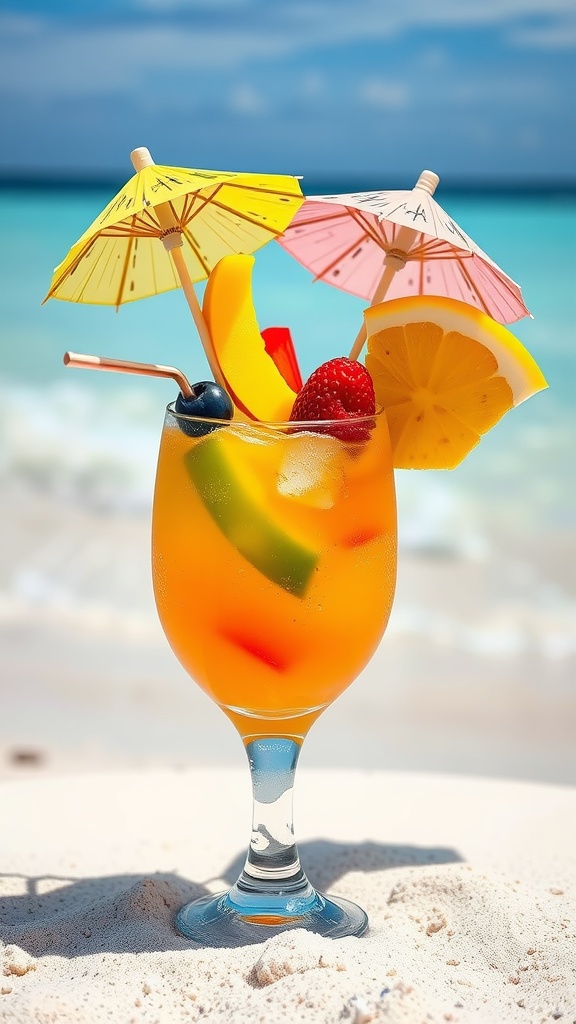 A vibrant Island Hopper Rum Cocktail with colorful fruit garnishes and tiny umbrellas, set against a beach background.