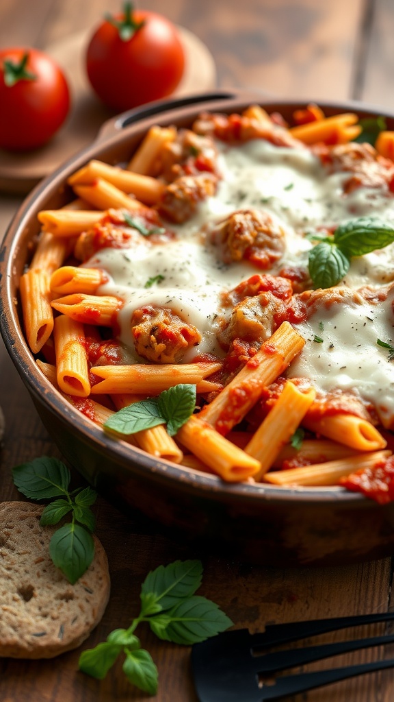 A delicious Italian Chicken Pasta Bake with penne, meatballs, and melted cheese.