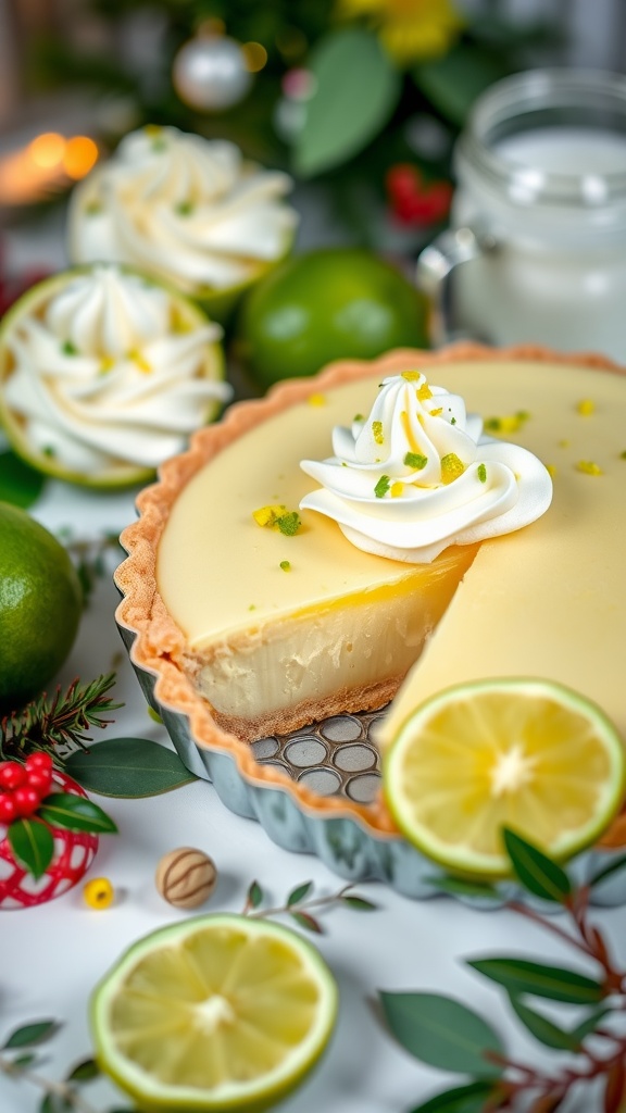 A key lime tart with whipped cream, surrounded by limes and decorative elements