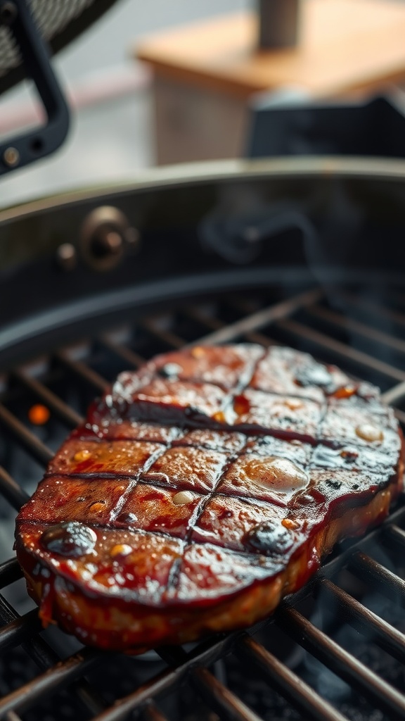 Grilled ribeye steak with a rich marinade on a grill