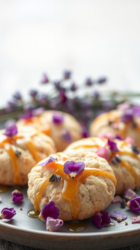 Lavender honey cookies topped with honey and edible flowers