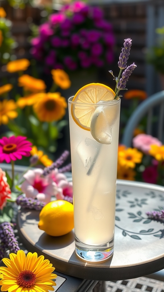 A tall glass of Lavender Rum Lemonade garnished with lemon slices and lavender sprigs, surrounded by colorful flowers.