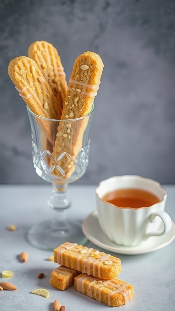 A glass of lemon almond biscotti sticks with a cup of tea on the side.