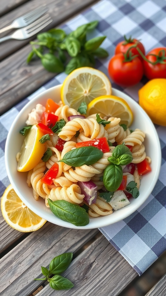 A bowl of lemon basil pasta salad with fresh tomatoes, basil, and lemon slices on a checkered tablecloth.