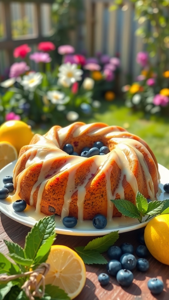 A beautifully decorated Lemon Blueberry Bundt Cake with blueberries and lemons on a table surrounded by flowers.