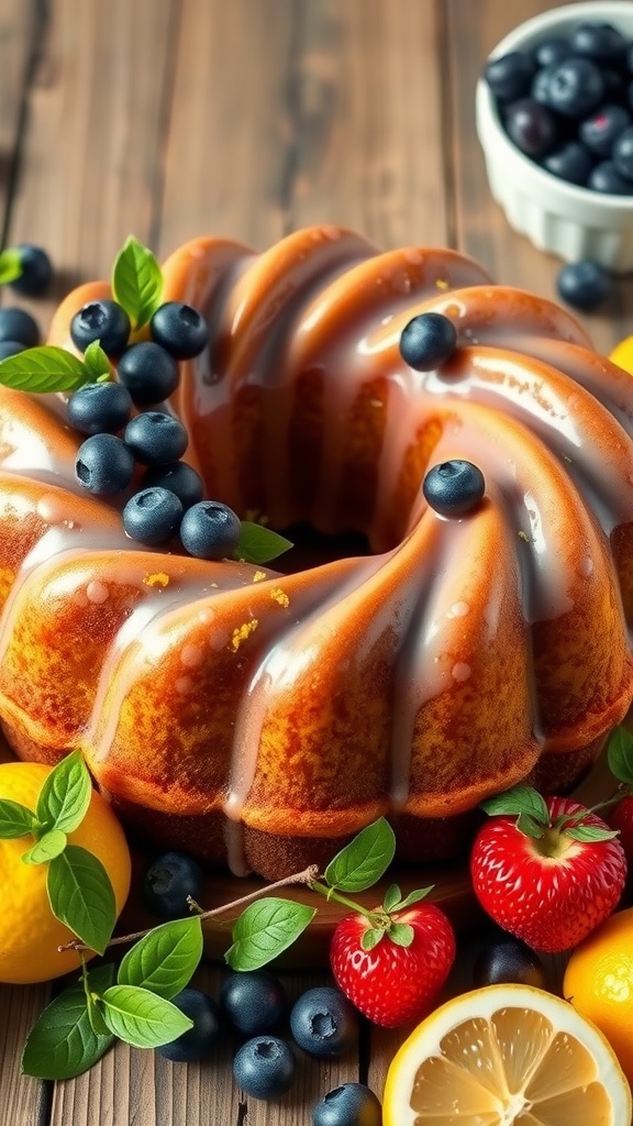Lemon Blueberry Bundt Cake adorned with fresh blueberries, strawberries, and lemons on a wooden table