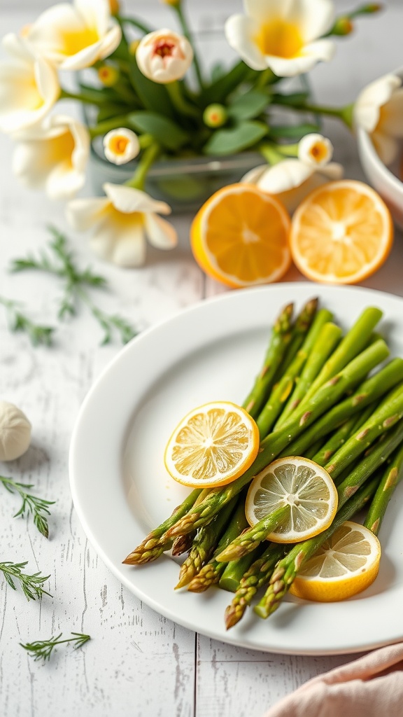 A plate of lemon butter asparagus garnished with lemon slices, surrounded by flowers and herbs.