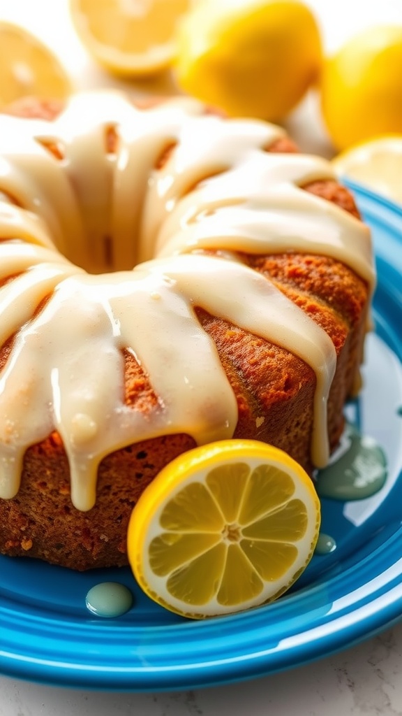 A lemon drizzle cake topped with a glaze and served with lemon slices.