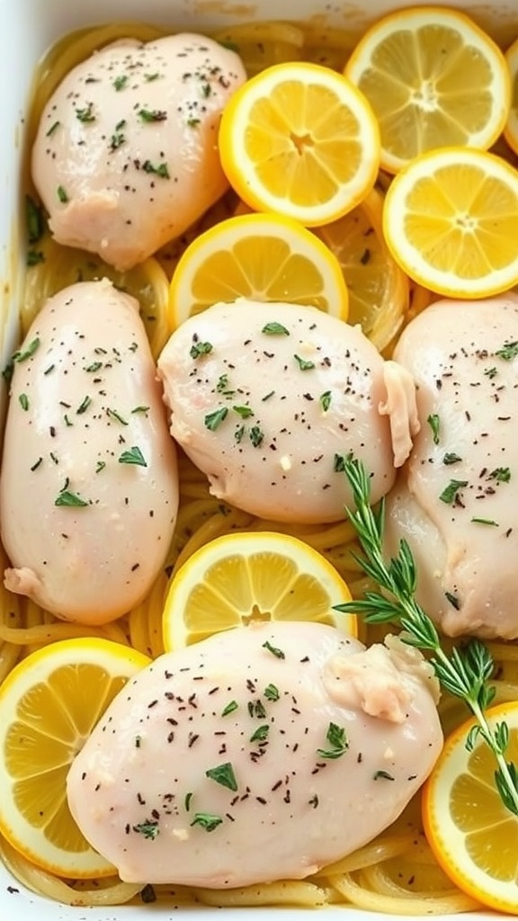 Chicken breasts with lemon slices and herbs in a casserole dish