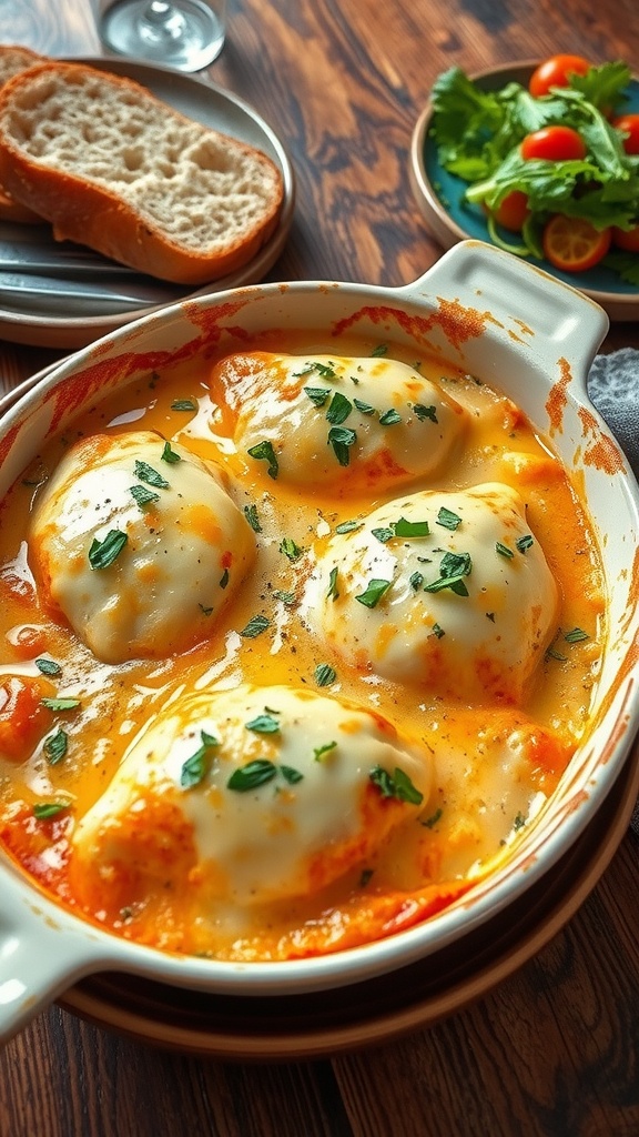 Lemon Herb Chicken Casserole with bread and salad on the side