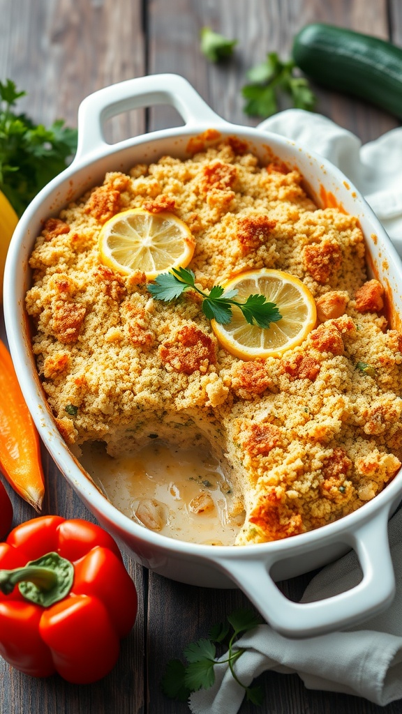A delicious lemon herb chicken casserole topped with lemon slices and herbs in a white dish, surrounded by colorful vegetables.