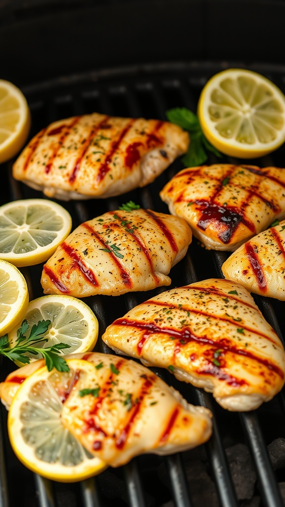 Grilled chicken breasts with lemon slices on a grill.