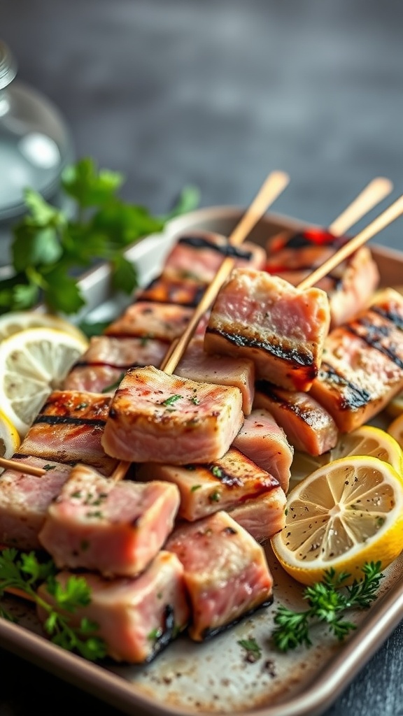 Grilled tuna skewers with lemon slices and herbs