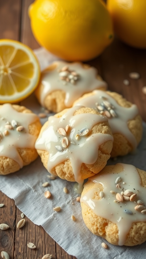 A close-up of lemon poppy seed cookies with icing and seeds on a dark surface.