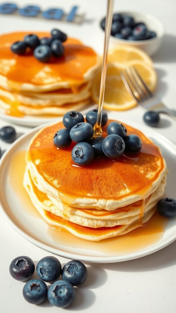 Lemon ricotta pancakes topped with blueberries and syrup on a plate
