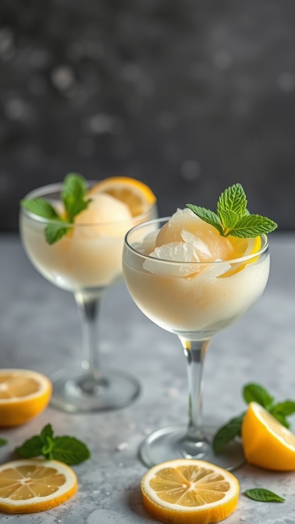 Two elegant glasses of lemon sorbet garnished with mint leaves and lemon slices.