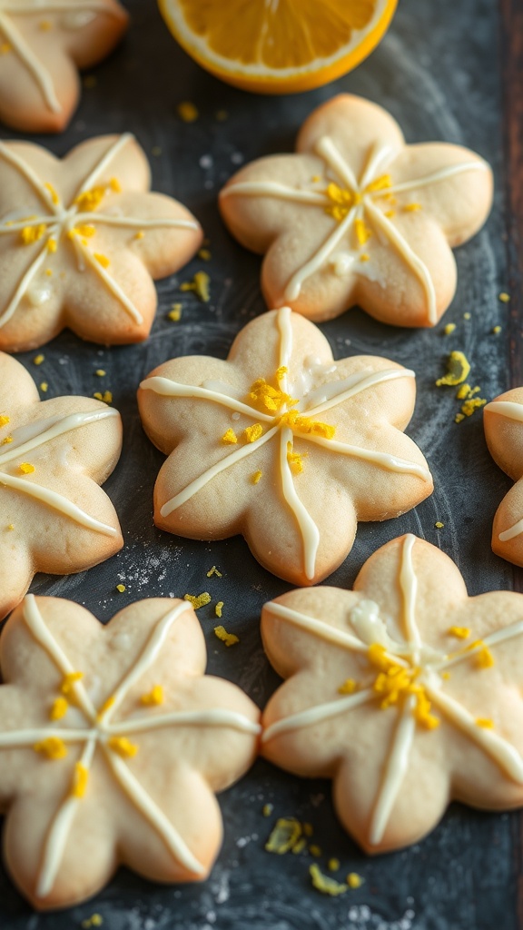 Star-shaped lemon sugar cookies decorated with icing and lemon zest