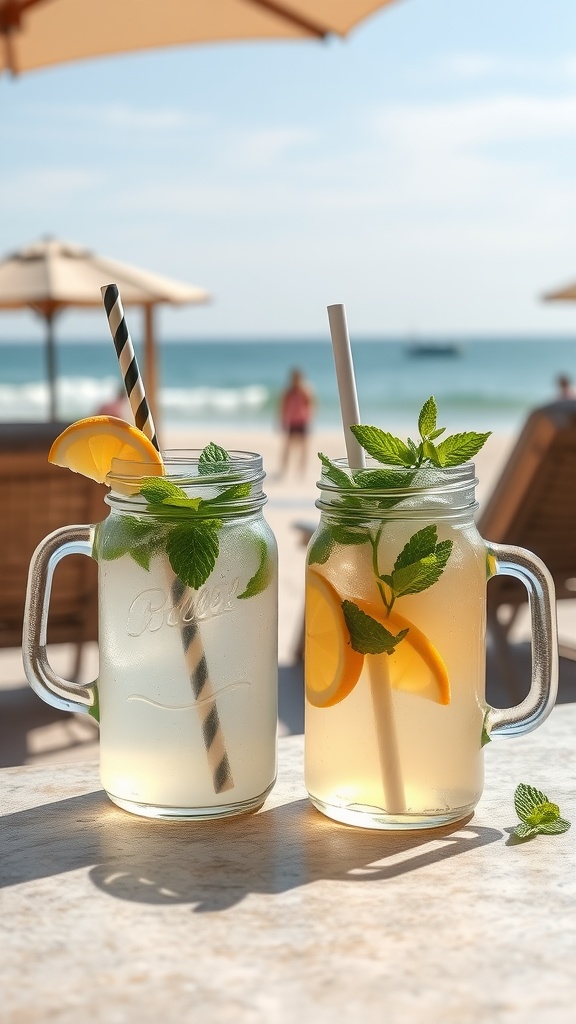 Two refreshing drinks in mason jars, one lemonade and one iced tea, garnished with mint and lemon on a beach setting.