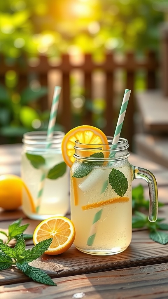 Two mason jars filled with lemonade mint spritzers, garnished with lemon slices and mint leaves.