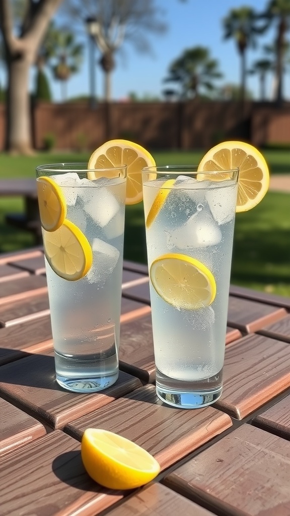 Two glasses of lemonade sparkling water with lemon slices, sitting on a wooden table outdoors.