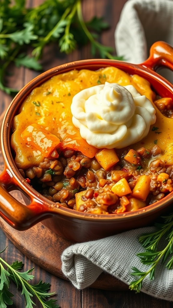 A hearty lentil and vegetable shepherd's pie topped with creamy mashed potatoes, garnished with fresh parsley