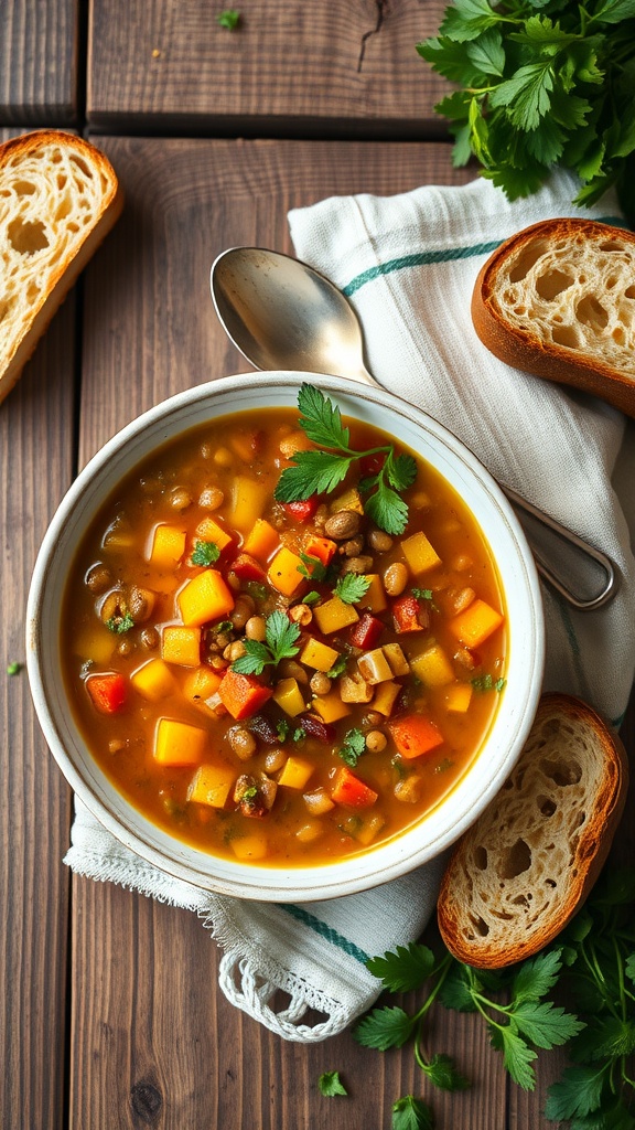 Bowl of lentil soup with vegetables and slices of bread on a wooden table.
