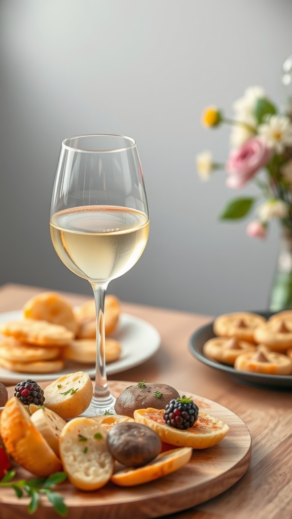 A glass of light white wine beside a platter of snacks, including deviled eggs and pastries, with a floral arrangement in the background.