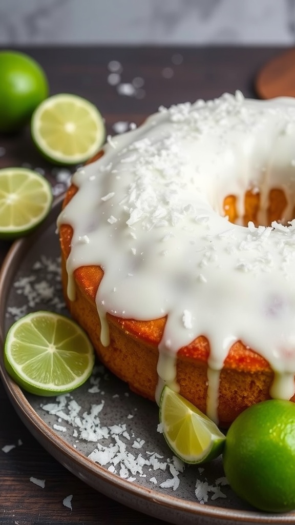 A close-up of a Lime Coconut Cake topped with coconut flakes and lime slices.