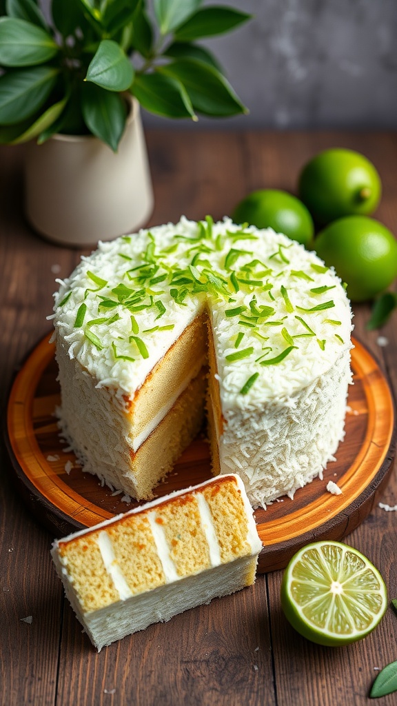 A beautiful Lime Coconut Cake topped with lime zest and coconut flakes, with a slice cut out, sitting on a wooden platter.